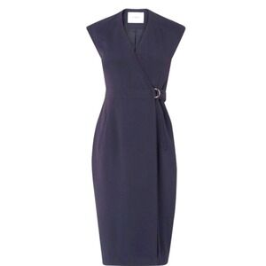 LK Bennett Sheath Wrap Dress Navy Sleeveless Belted Midi V-Neck 8 Office Siren